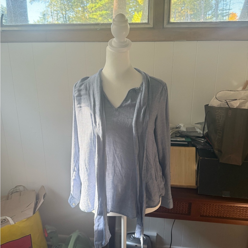 LOFT Light Blue Blouse with Scarf Detail, size S petite